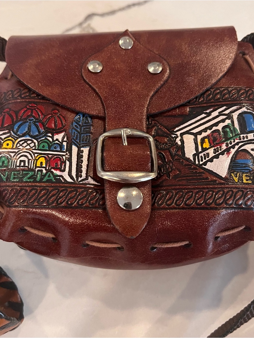 Hand-Painted Venetian Brown Leather Mini Crossbody Bag